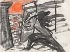 van Gogh + Mauer by Rainer Fetting, 1979, Gouache und Kohle auf Papier, sold May 2022