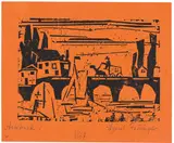 Lyonel Feininger, Wagen auf einer Brücke, 1918, Holzschnitt auf orangefarbenem Seidenpapier