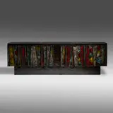 Deep Relief cabinet, model PE 42 by Paul Evans, 1970, torch-cut, welded, polychromed and patinated steel, cleft slate, enameled and papered wood, sold Jan 2022