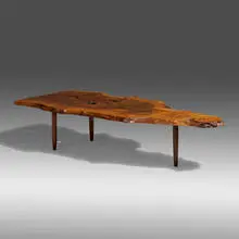 Turned-Leg coffee table by George Nakashima, 1958, English walnut, American black walnut, sold Jan 2022