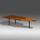 Turned-Leg coffee table by George Nakashima, 1958, English walnut, American black walnut, sold Jan 2022
