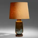 Gertrud and Otto Natzler, Table lamp, 1957, earthenware with Green Crystalline glaze, wood, original linen shade