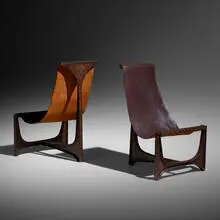 Sling chairs, pair by Paul Evans, c. 1965, welded and enameled steel, leather, sold Jan 2022