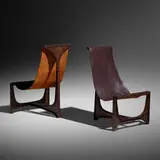Sling chairs, pair by Paul Evans, c. 1965, welded and enameled steel, leather, sold Jan 2022