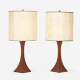 Robert Whitley, Table lamps, pair, c. 1975, carved walnut, banana fiber parchment
