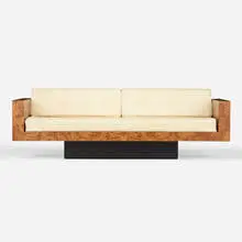 Robert Whitley, Sofa, c. 1975, burl wood, walnut, lacquered wood, upholstery