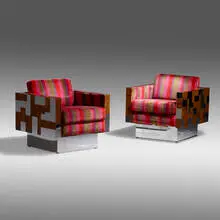 Cityscape cube swivel chairs by Paul Evans, c. 1975, chrome-plated steel, maple burl, original Jack Lenor Larsen upholstery, sold Jan 2022