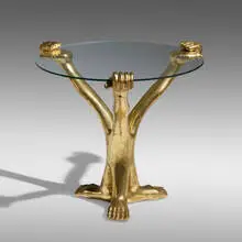 Hand Foot table by Pedro Friedeberg, c. 1970, carved and gilt wood, glass, sold Jan 2022