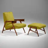Augusto Romano, Lounge chair and ottoman, c. 1950, mahogany, upholstery, brass