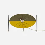 Watermelon table clock, model 2219B by George Nelson & Associates, 1954, lacquered wood, aluminum, steel, rubber, sold Apr 2025