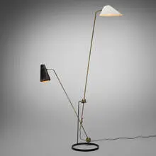Pierre Guariche, Equilibrium Double-Branch floor lamp, 1951, brass, enameled aluminum, enameled steel