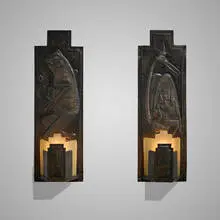 Paul A. Lobel, Sconces, pair, 1927, handwrought and patinated copper, glass