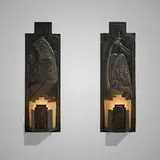 Paul A. Lobel, Sconces, pair, 1927, handwrought and patinated copper, glass