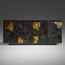 Cabinet, model PE-40A by Paul Evans, c. 1970, welded, gilt and polychromed steel, slate, sold Apr 2025