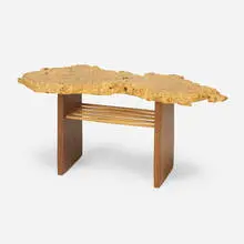 Coffee table by Mira Nakashima, 2004, maple burl, American black walnut, hickory, sold Apr 2025