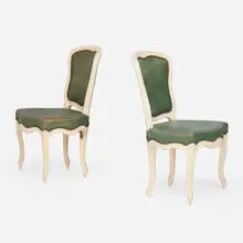 Frances Elkins, Louis XV style chairs, pair, c. 1940, lacquered wood, Naugahyde upholstery