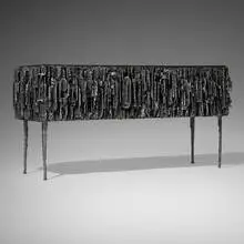 Corinthian cabinet by James Bearden, 2021, plasma-carved steel with metallic polywash finish, sold Apr 2025