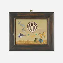 Untitled (Kite, Hot Air Balloon and Butterflies) by Richard Blow, c. 1960, hand-cut hardstone inlay in artist-made frame, sold Apr 2025