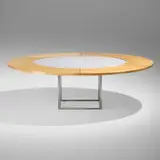 PK 54 dining table by Poul Kjærholm, flint-rolled Porsgrunn marble, stainless steel, maple, sold Apr 2025