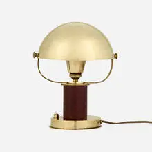 Paul Dupré-Lafon, Table lamp, c. 1945, brass, leather