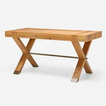 Table from the Firehouse, San Francisco by John Dickinson, 1970, pine, brass, steel, sold Apr 2025