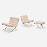 Barcelona chairs, pair and ottoman by Ludwig Mies van der Rohe, Copenhagen Spinneybeck leather upholstery, stainless steel, sold Apr 2025