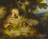 George Armfield, Terriers approaching a fox in a wooded landscape, 1853, oil on canvas