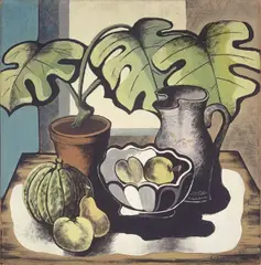 Rudolf Ausleger, Stillleben mit Früchten und Philodendron, 1934, Tempera auf Papier, auf Leinwand aufgezogen