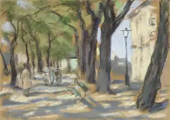 Lotte Laserstein, Straßenszene“. 1950er Jahre, Pastell auf Papier