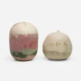 Toshiko Takaezu, Closed Forms, set of two (one with rattle), c. 1995, glazed porcelain, glazed stoneware