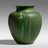 Wilhelmina Post for Grueby Faience Company, Rare and Large vase with daffodils, c. 1902, glazed earthenware