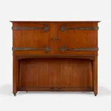 Mackay Hugh Baillie Scott, Rare Manxman upright piano, 1905-1910, mahogany, patinated iron, resin, nickel-plated steel, copper