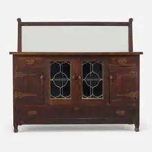 Sideboard, model 01 by Roycroft, c. 1906, oak, copper, mirrored glass, leaded glass, sold Jan 2022
