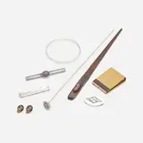 Roycroft, Collection of jewelry and ephemera, sterling silver, hammered copper with applied patina, cardboard, agate, 14 karat gold, brass, enamel