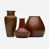 Harry Dixon and Jauchen's, Vases, set of three, c. 1920, hammered copper with applied patina