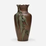 Hans Jauchen for Jauchen's Olde Copper Shop, Tall vase with eucalyptus branch, c. 1915, hammered copper, patinated bronze