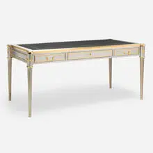 John Vesey, Louis XVI style desk, c. 1960, stainless steel, nickel-plated brass, leather, brass, gilding
