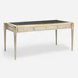John Vesey, Louis XVI style desk, c. 1960, stainless steel, nickel-plated brass, leather, brass, gilding