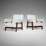 Bridge armchairs from the High Court, Chandigarh, pair by Le Corbusier and Pierre Jeanneret, c. 1955-56, teak, cowhide, sold Apr 2025