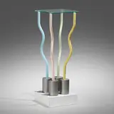 Ettore Sottsass, Le Strutture Tremano table, 1979, enameled steel and aluminum, laminate, glass
