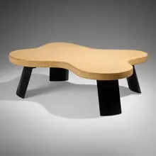 Coffee table, model 5005 by Paul Theodore Frankl, c. 1951, lacquered cork, mahogany, sold Apr 2025
