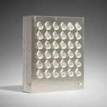 President table lamp by Angelo Lelii, c. 1970, stainless steel, acrylic, sold Apr 2025
