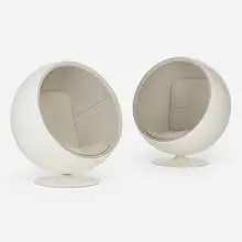 Eero Aarnio, Ball chairs, pair, 1968, gel-coated fiberglass, lacquered aluminum, upholstery