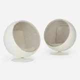 Eero Aarnio, Ball chairs, pair, 1968, gel-coated fiberglass, lacquered aluminum, upholstery