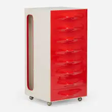 Raymond Loewy, DF2000/50 valet cabinet, 1969, laminated and lacquered wood, enameled aluminum, molded acrylic, mirrored glass, casters