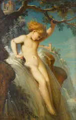 Raymond Balze, Nymphs at a waterfall, oil on canvas
