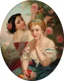 Continental School, 19th Century, A portrait of two young ladies picking roses