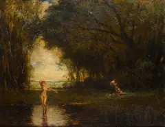 Leopold Schmutzler, Bathers at a pool, oil on canvas