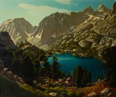 Robert Clunie, Mountains Temple Crags, Mount Gailey, and Mount Sill with Fifth Lake, 1946, oil on canvas