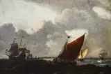 Dutch School 19th century, A blustery scene with vessels off a pier, oil on canvas